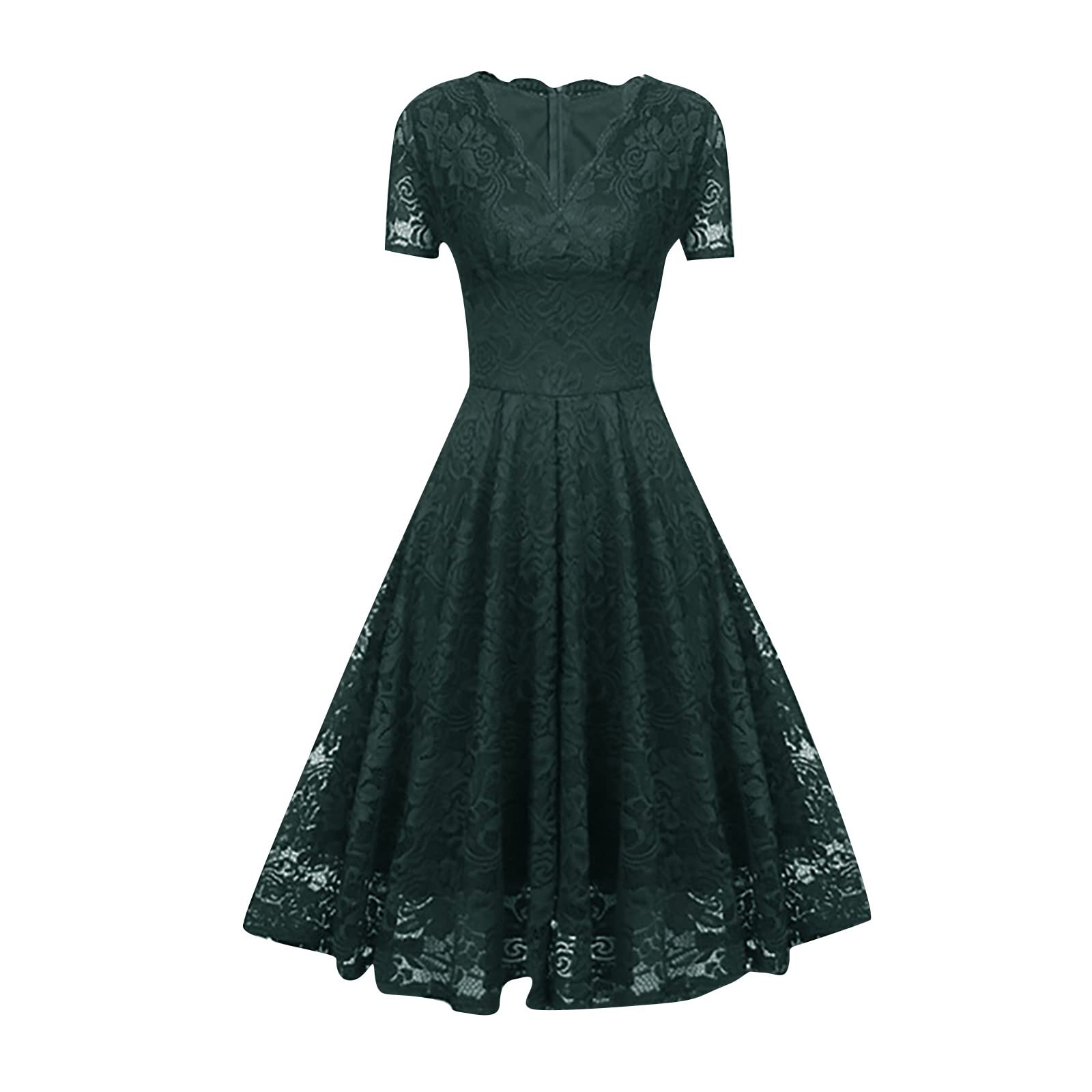 Abendkleider Elegant Für Hochzeit Damen Knielang Vokuhila Kleid Frauen Mit Ärmeln V Ausschnitt Cocktailkleid A Linie Spitze Ballkleid Festlich Abendkleid Bordeaux Partykleid Sommerkleid