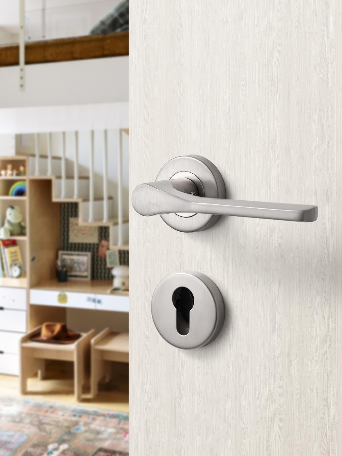 SORWDUERM Nickel Door Handle Set, Matte Brushed Stainless Steel, L Shape Round Rosette PZ Profile Cylinder for Front & Interior Doors - Image 3