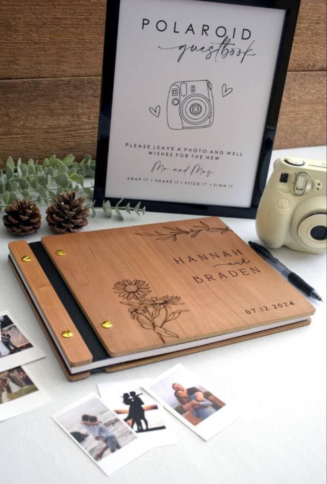 Livre d'or en bois A4 avec 60 feuilles de papier blanc - Élégant livre d'or de mariage personnalisé en bois avec motif tournesol - Album photo de mariage