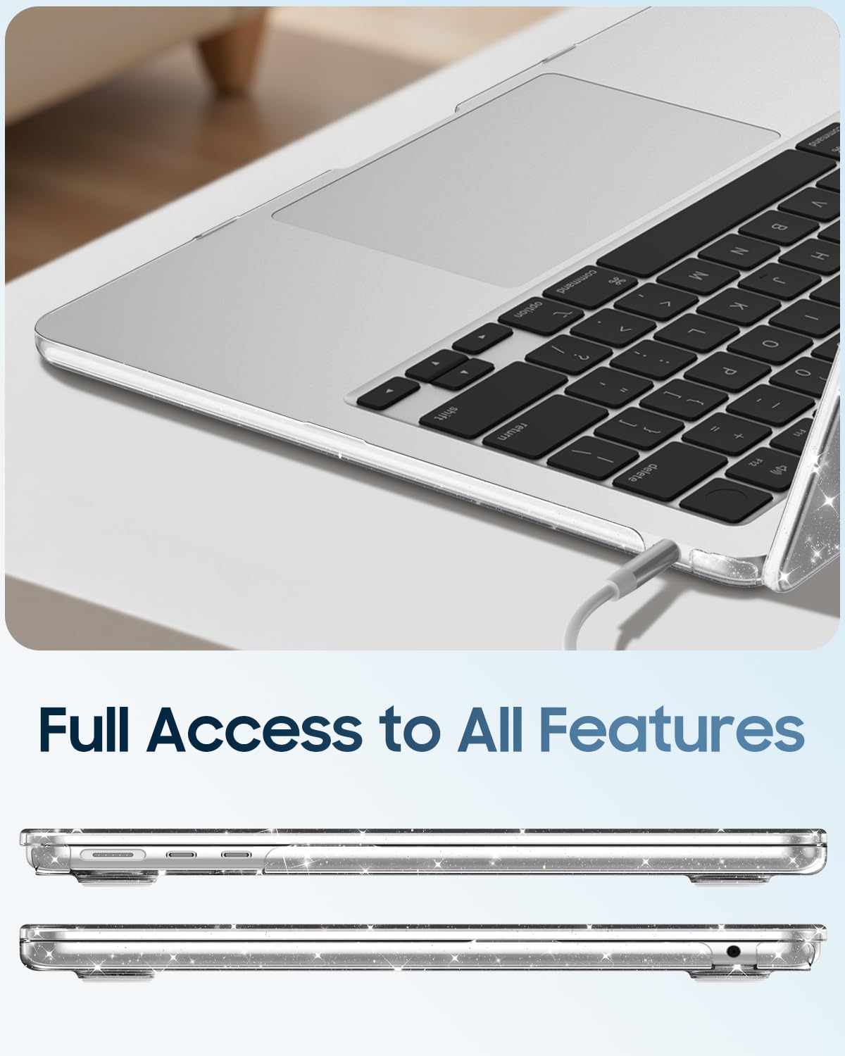 FINTIE Cover Compatibile con MacBook Air 13.6" M5/M4/M3/M2 (2026-2022) | Modello A3449/A3240/A3113/A2681 - Sottile Trasparente Custodia Rigida Protettivo Cover + Copritastiera, Trasparente Glitter