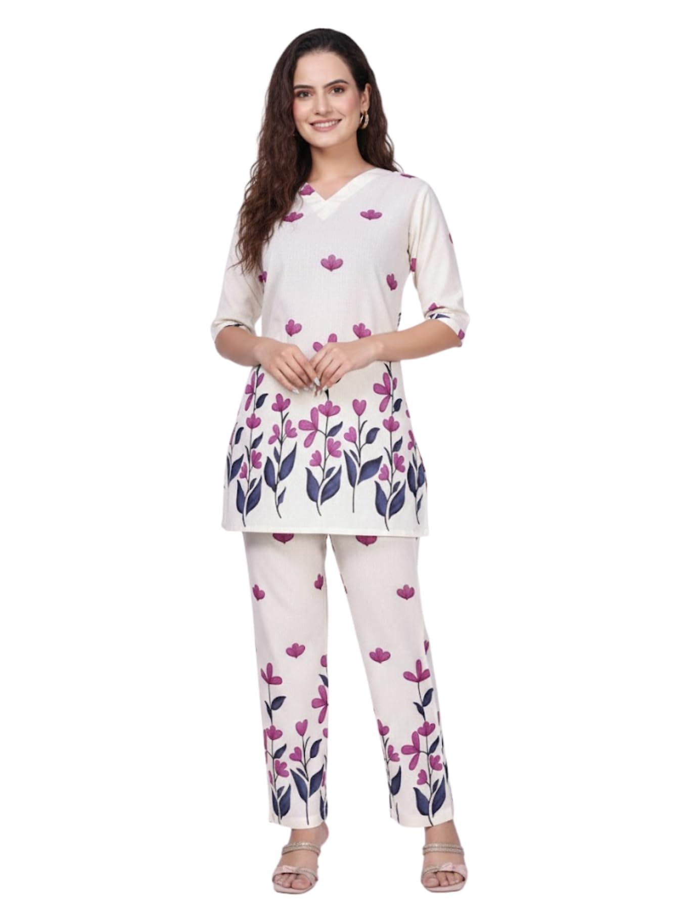 Floral Printed Women Co Ord Set Cream Cotton Top and Pant Two Piece Outfit for Daily Festive-image-12