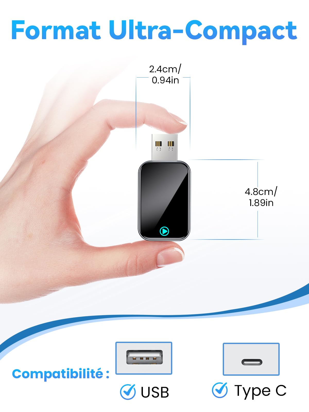 S2 Mini Adaptateur CarPlay sans Fil pour iPhone, Convertissez Le Filaire en sans Fil, Plug & Play avec Typ-C/USB, Compatible avec Les Voitures à partir de 2016 et iOS 10+ (Noir)