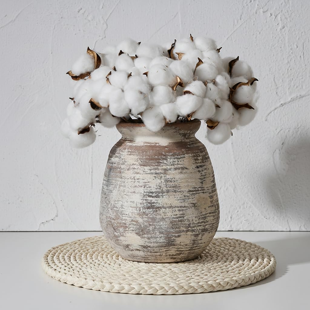 SIDUCAL Rustic Distressed Terra Cotta Decorative Flower Pot, 7.3 Inch, Whitewashed Terra Cotta Vase for Home Decor, Living Room, Table & Mantel