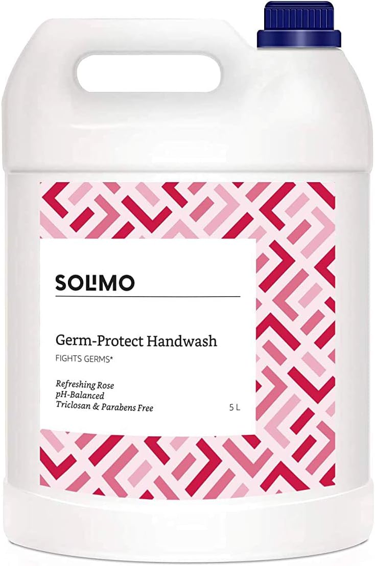 Amazon Brand - Solimo Handwash Liquid Refill Can, Refreshing Rose - 5 Litre | Antibacterial germ-protect | Advanced Disinfection Formula| pH Balanced
