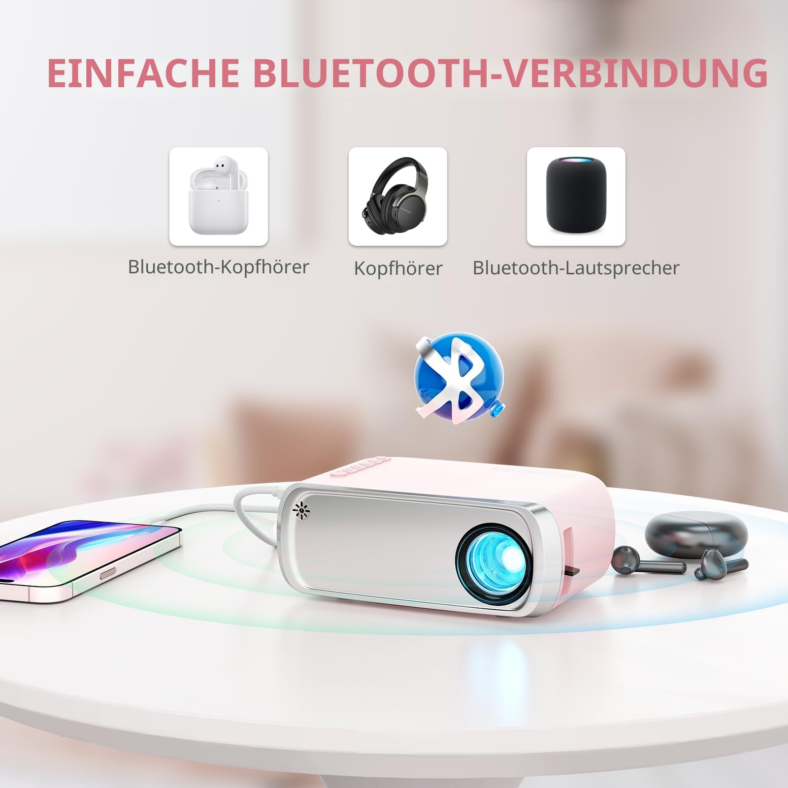 Tragbarer Beamer, ksbaby Außen projektor, LED-ästhetischer Video-Mini projektor für tragbare Filme im Freien Mini Beamer, kompatibel mit HDMI, USB, Laptop, TV-Stick, iOS und Android-Telefon