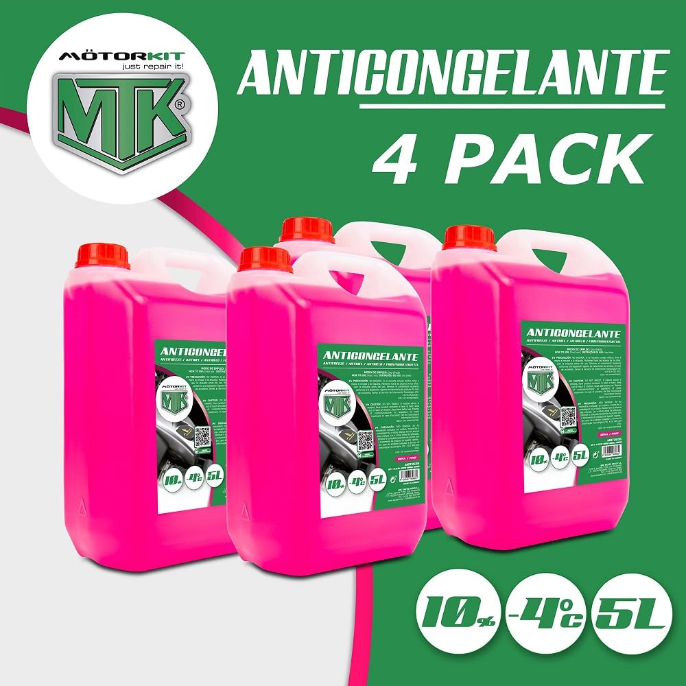 Motorkit Set de 4 Garrafas anticongelante de 5 Litros, Rosa Invierno 10% / -4°C, 4 UDS / 20L