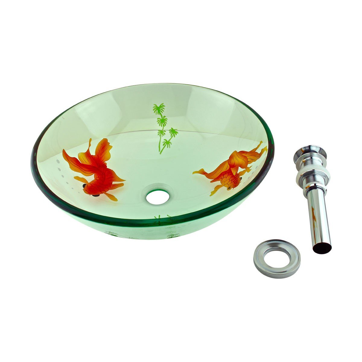 Renovators Supply ManufacturingTempered Glass Vessel Sink With Drain, Clear Single Layer Painted Koi Fish Bowl