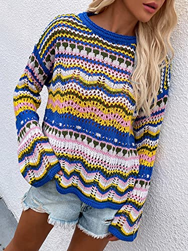 Womens Striped Crochet Sweaters Lightweight Crewneck Multicolor Trendy Y2k Long Bell Sleeve Knit Pullover Tops4