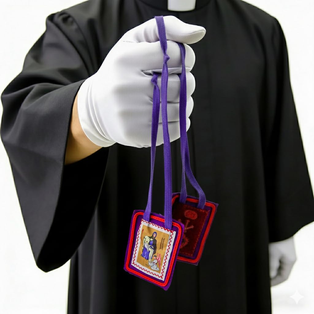MERCILIA MEISHILAI 9 x 11 cm duża fioletowa szkaplerz - Escapulario Morado de Bendición y Protección wełniana szkaplerz na czasy końcowe - zawiera fioletową aksamitną torebkę i kartę modlitewną