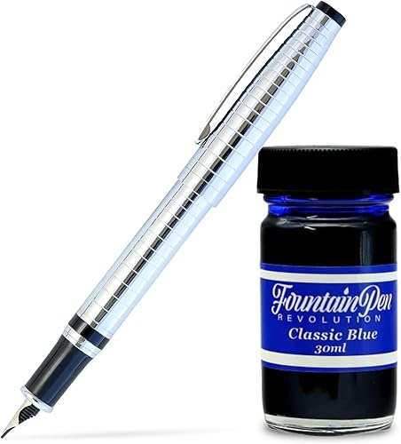 Fountain Pen Revolution FPR Ambassador - Pluma estilográfica cromada cincelada con punta ultra flexible, juego de bolígrafos incluye botella de