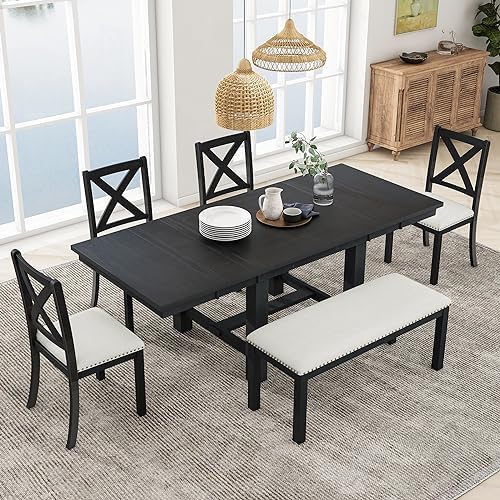 Amazon.com - Merax Farmhouse Wooden Dining Set of 6, 82 inch Extendable Kitchen Table, 4 Chairs ...