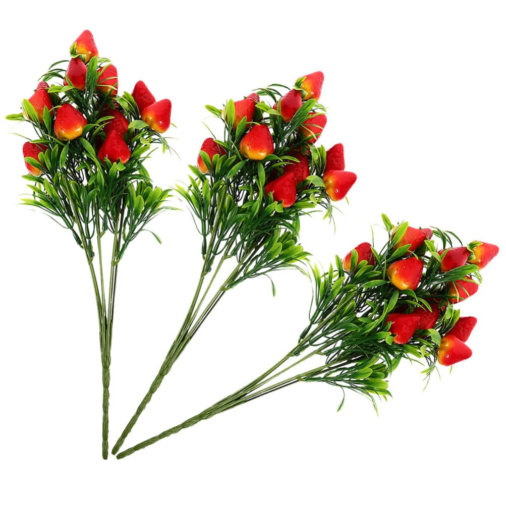 Mipcase 3pcs Artificial Strawberry, Plastic Fake Strawberries Fake Fruit Realistic Fruit for Home Kitchen Ornament Photography Prop