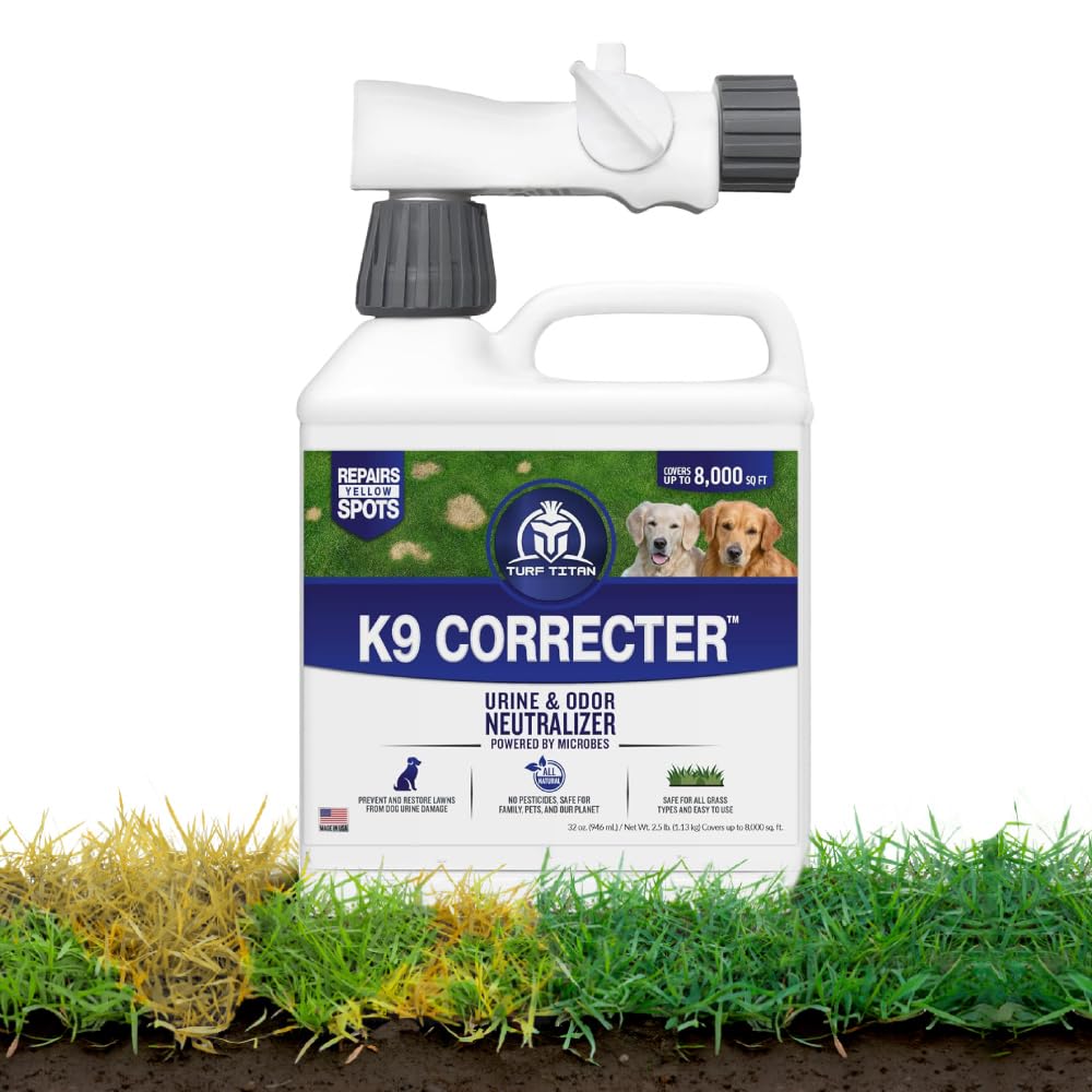 Turf Titan K9 Correcter w/Hose End– Dog Urine Neutralizer for Lawn (32 oz) – Urine Neutralizer For Dogs to Revive your Grass – Lawn Care Solution for Green, Odor-Free Grass – Covers Up to 8,000 Sq Ft