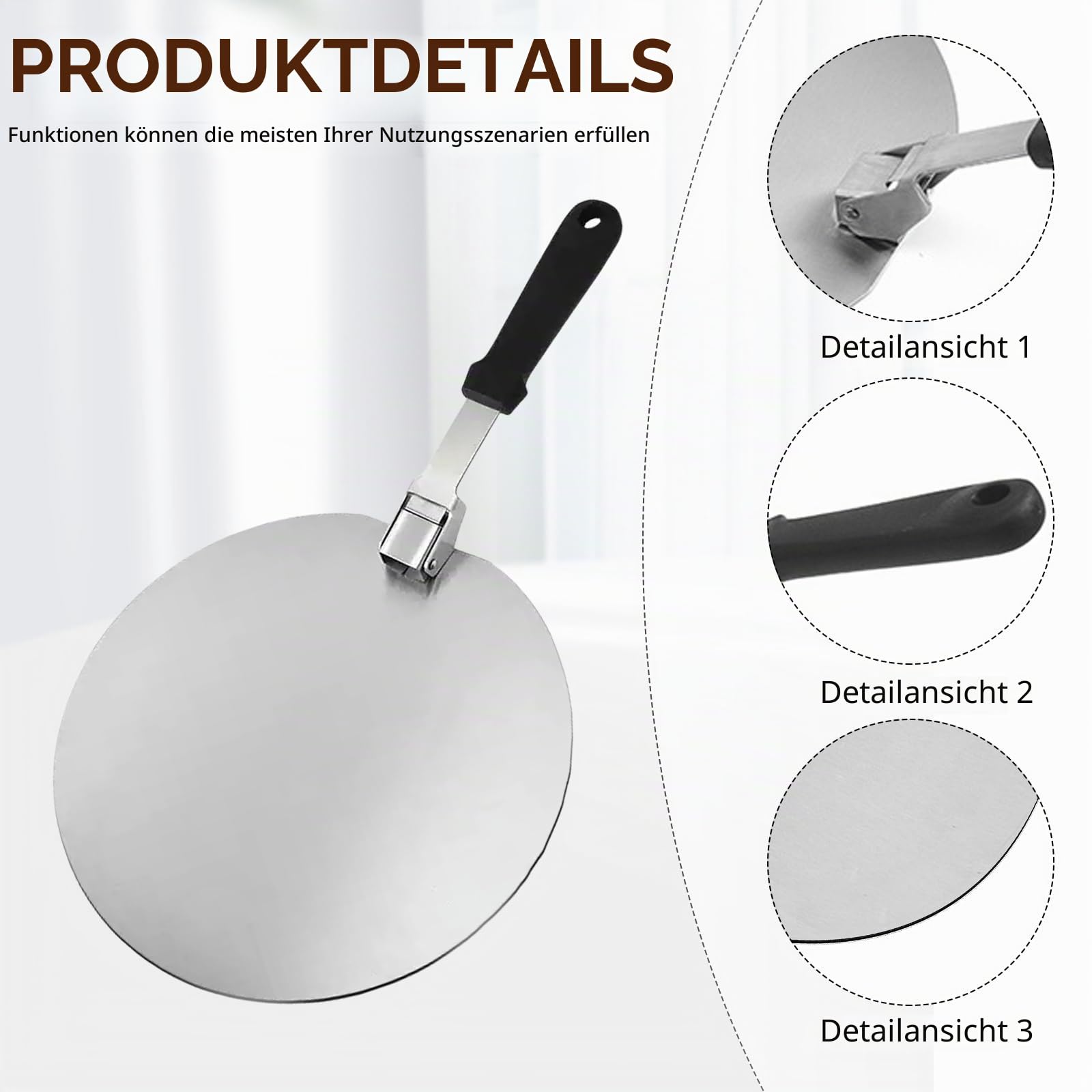 Runder Pizzaschaufel 12 Zoll, Pizzaschaufel aus Rostfreiem Edelstahl, Runder Pizzaschieber für Pizza, Pizza Schaufel mit Klappbarer Griff, Pizzaheber für Pizzen, Brot, Teig, Gebäck