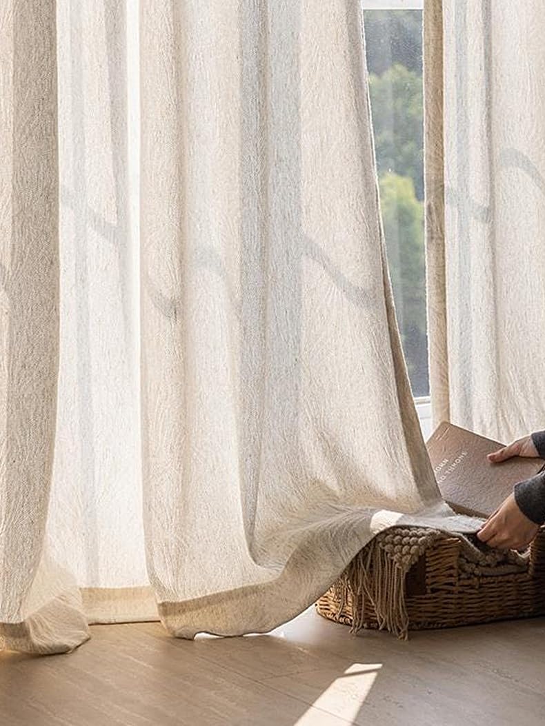 AWSQ23 Linen Blend Curtains Leaf Jacquard Pattern 2 Panels