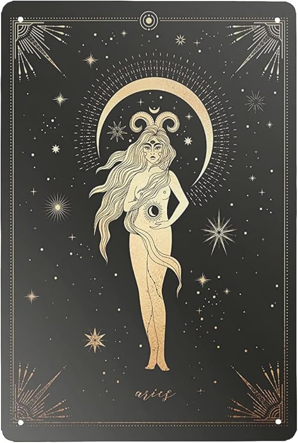 Vintage Metal Tin Sign Aries Aries Goddess Zodiac Aries Aries Star Sign Star Birth Wall Art Aries Gifts Aries Art Aries Witch Gifts Aries Poster Aluminum Sign Gift For Women Men 8x5.5 Inch
