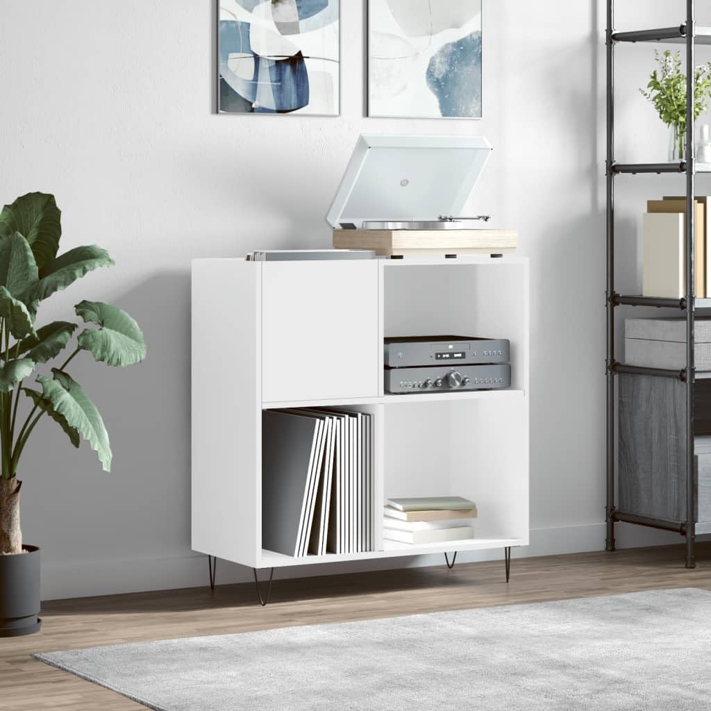 Hochglanz-Weißer Plattenschrank 84,5x38x89 cm mit stabilem Holzwerkstoff und Eisenbeinen für Vinyl, LP, Schallplatten, mit viel Stauraum, robustem Oberboden, ideal für Wohnzimmer