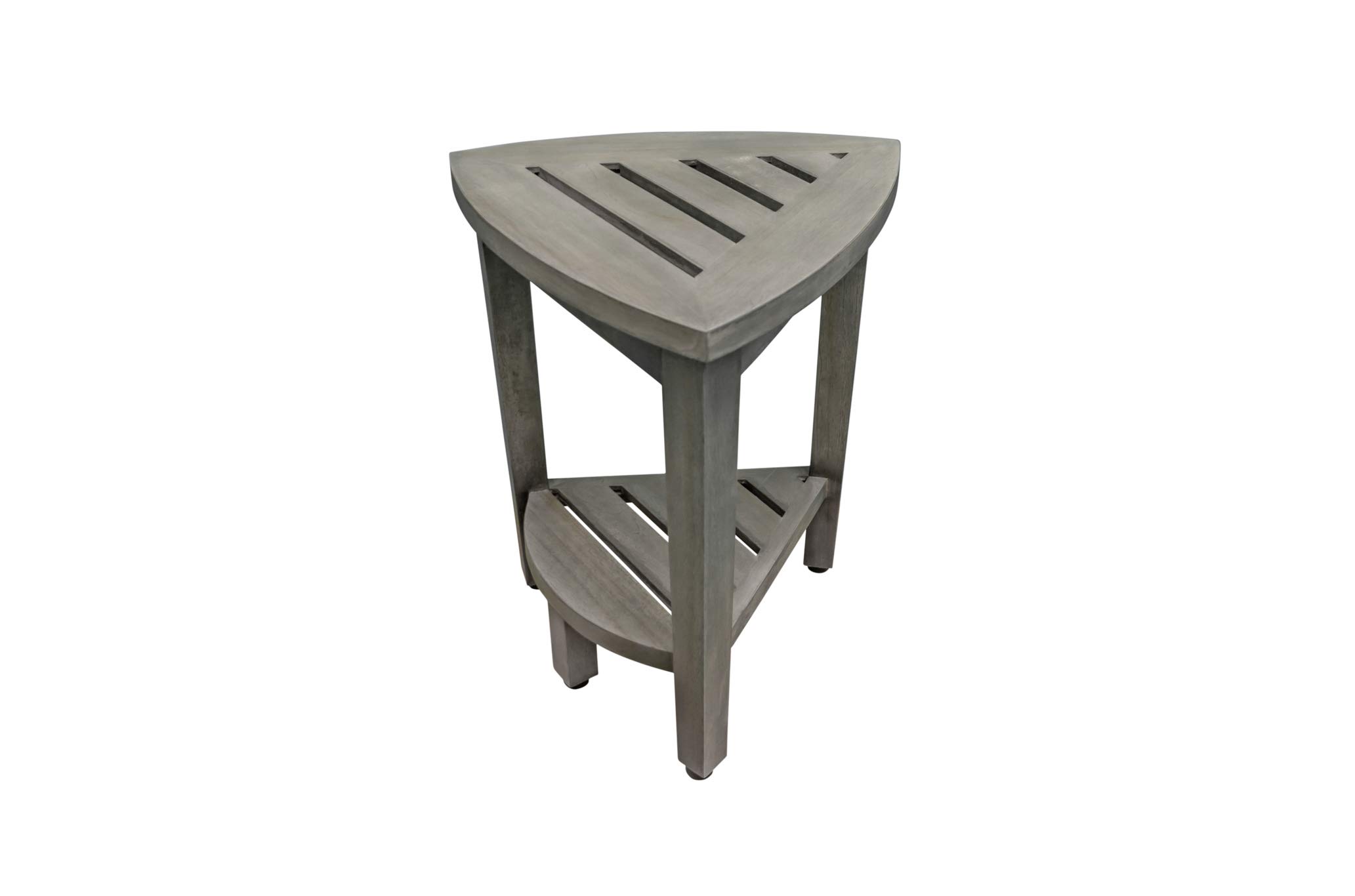 CoastalVogue Flexi Corner - Taburete de esquina de teca para ducha de madera, asiento de ducha de esquina con estante, taburete de esquina de 15 pulgadas en acabado gris antiguo