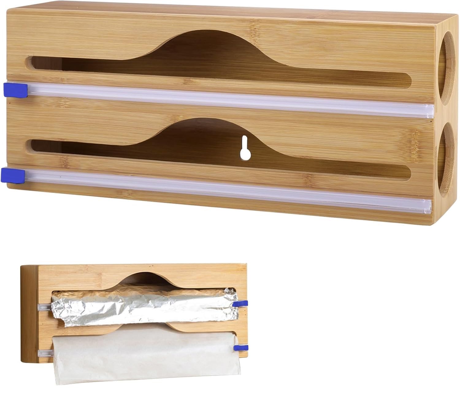 Dispensador Papel Aluminio y Film 2 in 1 Dispensador, Cortador Papel Aluminio y Film, Organizador de Cocina Madera