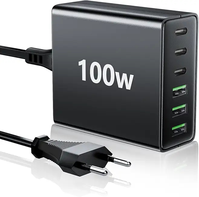 HSSNS USB C Ladegerät Mehrfach: 100W 6-Port Schnellladegerät mit USB-C und USB-A, Tragbarer netzteil für ipad, iPhone Series und andere Smartphones