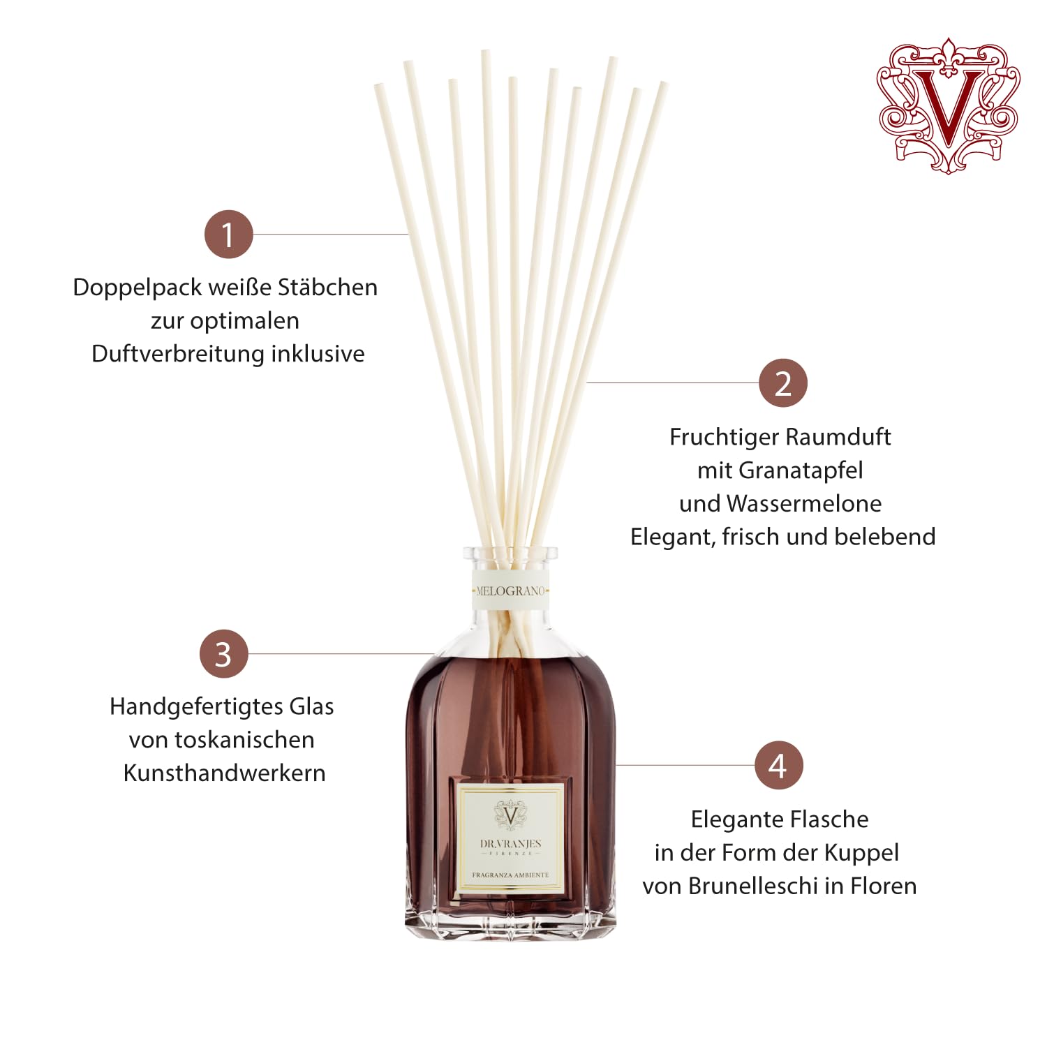 Dr. Vranjes - Melograno 250 ml Diffuser + Doppelback Weiße Stäbchen (3 Stück) – Luxuriöser Raumduft, Hergestellt in Italien, Hauptnoten: Fruchtig, Duftpyramide: Granatapfel, Wassermelone, Jasmin