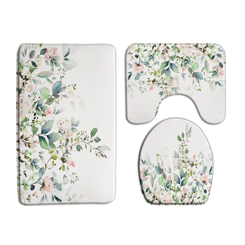 Floral Leaves 3 Piece Bath Mat Sets,Sage Green Leaf Plant Eucalyptus Flower Herbs Botanical Succulent Wildflower Nature Bathroom Kitchen Rug,17.8