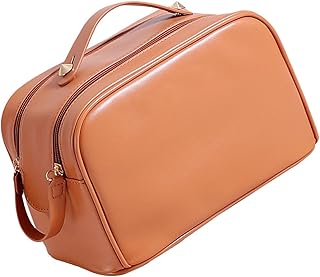 Qukaim Bolsa de maquillaje con doble cremallera, piel sintética impermeable, bolsa de cosméticos portátil de gran capacidad, color marrón, diseño multifuncional para cosméticos y accesorios