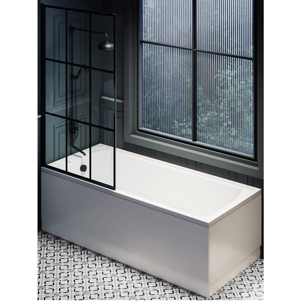 Milano Richmond White 1700mm x 750mm Single Ended Shower Bath Black Grid Screen Panels