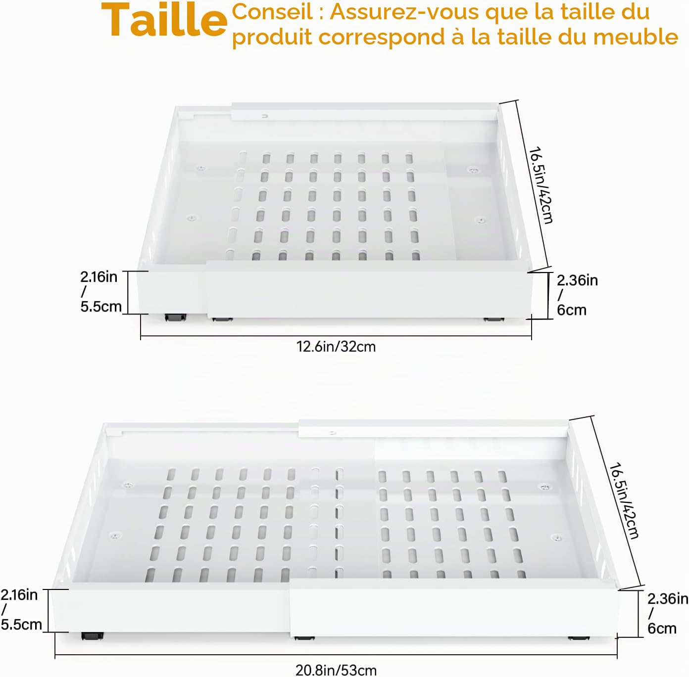 iHomara Pack de 2 organisateurs de placard extensibles avec adhésif, tiroirs coulissants pour cuisines, étagères coulissantes pour l'organisation, largeur réglable de 32 à 53 cm