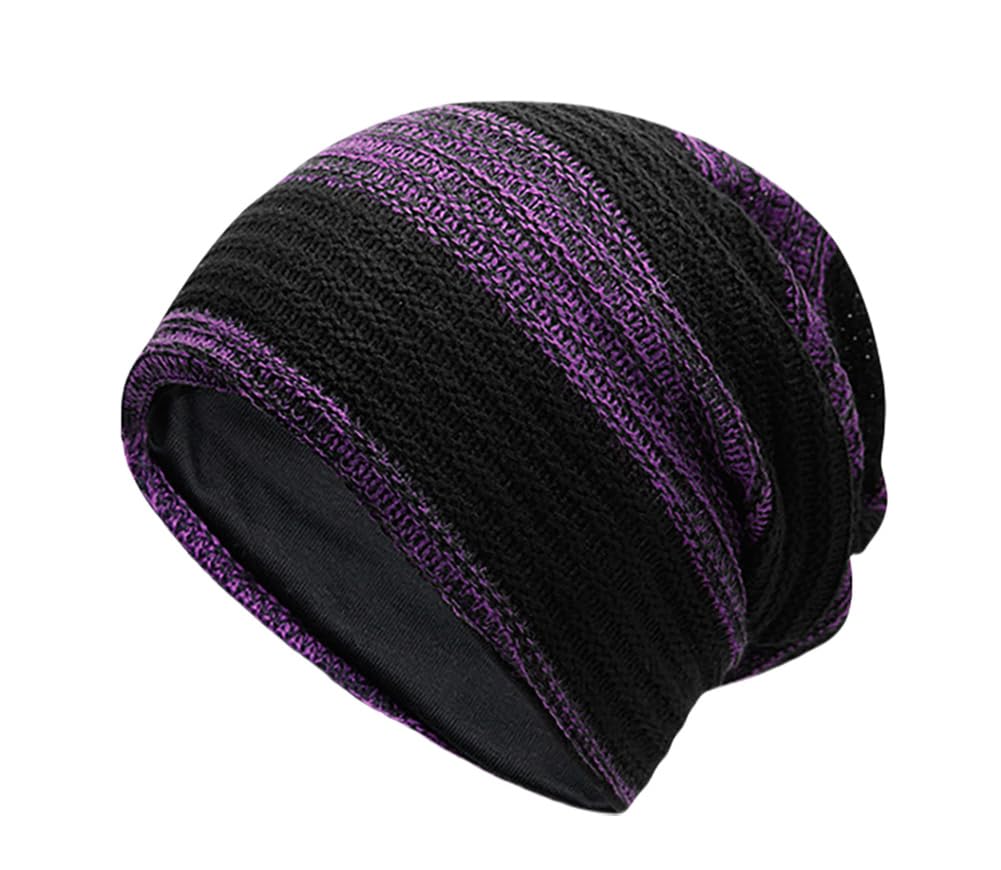 MINAKOLIFE Mens Striped Slouch Large Beanie Warm Skull Cap Hat Oversize, Blackpurple, L-XL