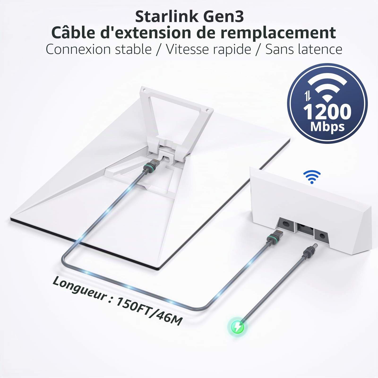 Starlink Câble Starlink Gen 3 46 m - Rallonge de câble Starlink étanche pour Starlink Standard Actuated Gen 3 / Satellite V3, câble Ethernet Starlink Gen 3, Plug and Play, gris