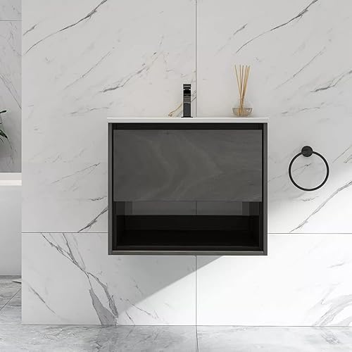 NEWTIK Juego de tocador de baño de 24 pulgadas, pequeño armario de baño flotante montado en la pared con fregadero de desbordamiento y cajón de