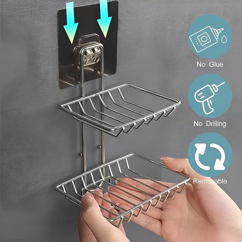 Image of Puno 2-Layer Wall Mounted Soap Dish & Storage Rack - Rustproof Stainless Steel Bathroom Shelf with Hooks, Self Adhesive No-Drill Shower Organizer for Kitchen, Wash Basin & Toiletries (Silver)