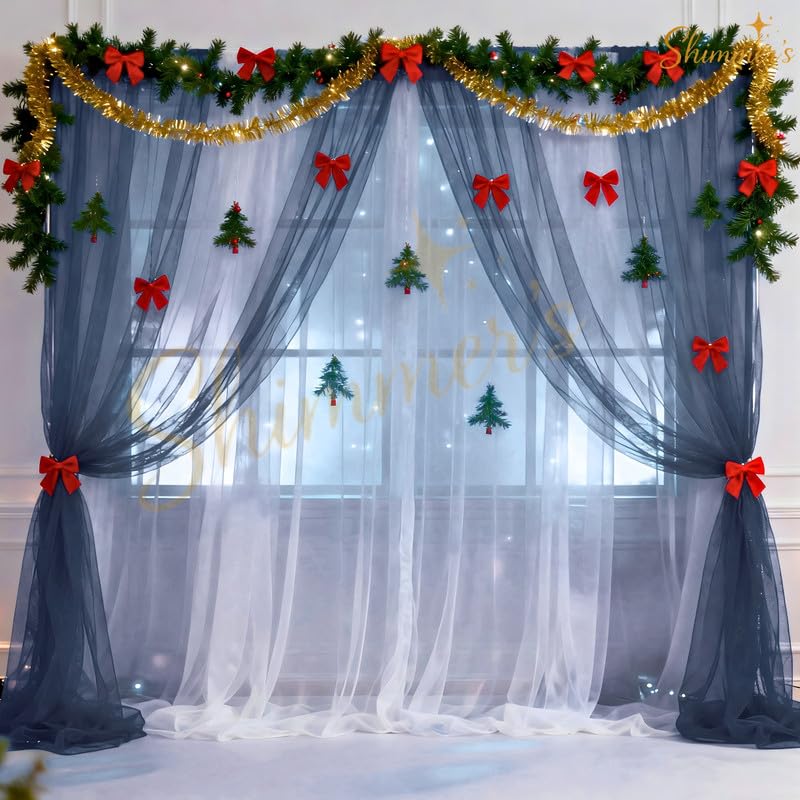 Image of Shimmers 5 Pc Decoration Kit with Blue & White Net Curtains (4x8 FT), Fairy String, 2 Hooks for Birthday, Anniversary, Party Backdrop, Photo Booth & Home Decoration Setup
