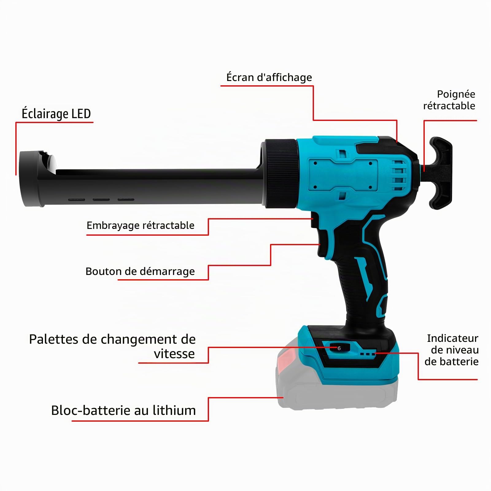 Pistolet Silicone Compatible avec Makita 18V Batterie, Pistolet Silicone 300ml avec 6 Vitesses Réglables & Système Anti-Goutte avec Lumière LED pour Rénovation, Vitres et Scellage (sans Batterie)