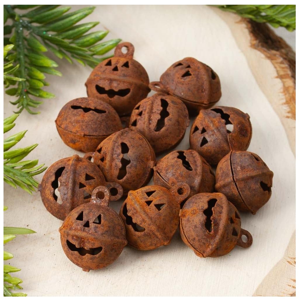 Pack of 12 Jack O' Lantern Halloween Rusted Metal Jingle Bells - Rusty Tin Pumpkin Mini Sleigh Bells - Fall Halloween Decorations (3/4