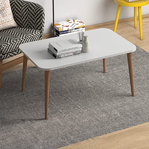 Image of Wooden Foldable Coffee Table - Rectangular Center Tea Table for Living Room & Bedroom, Easy Assembly with Solid Wooden Legs (White)