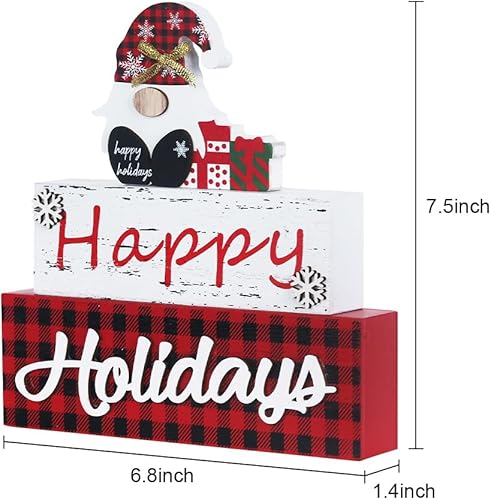 Miniatura 3 de MEETYAMOR Decoración navideña, bloque de madera de gnomo de 3 capas de tamaño grande con letrero de feliz día festivo, decoración de mesa de
