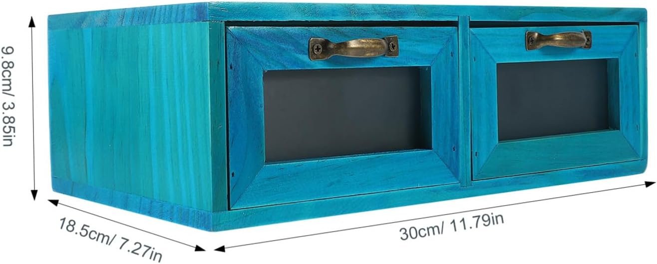 Vintage Wooden Desktop Drawer Organizer with Dual Compartments Rustic Makeup and Jewelry Storage Box Stable Mediterranean Blue Cosmetic Holder for Home and Office Desk