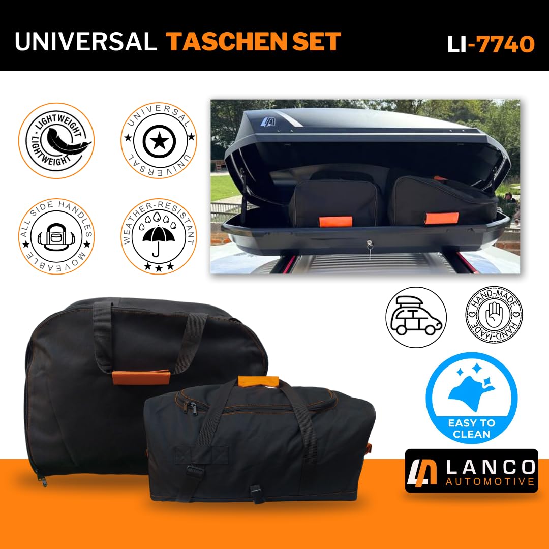 LANCO Dachbox Taschen Set - 49x60x30cm & 60x35x30cm - Robuster Organizer | Dachboxtaschen mit Klick-Befestigung, Tragegriff & Reißverschluss. Als Rucksack oder Reisetasche im Auto verwendbar.