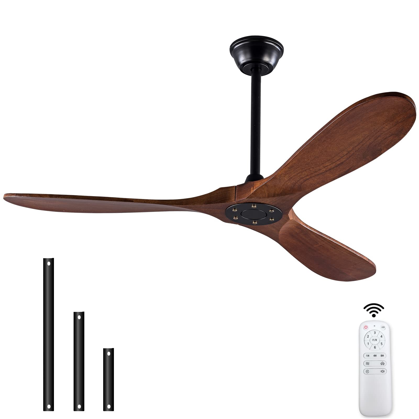 Photo 1 of XBIBI 52'' Ceiling Fan Without Light, Solid Wood Ceiling Fan with 3 Blade and Down Rods, Remote Control, DC Motor, Indoor Outdoor Ceiling Fans for Patio, Garage, Living Room, Bedroom, Office walnut color-no light 52 inch