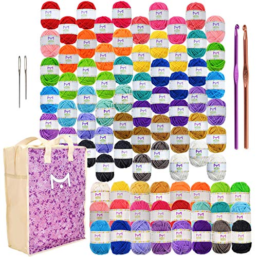Ultimate Acrylic Mini Yarn Bundle - Total of 1837 Yards Crafts Yarn - Ideal Starter Crochet Knitting Kit - Crochet Hooks, Weaving Needles, Yarn Storage Bag