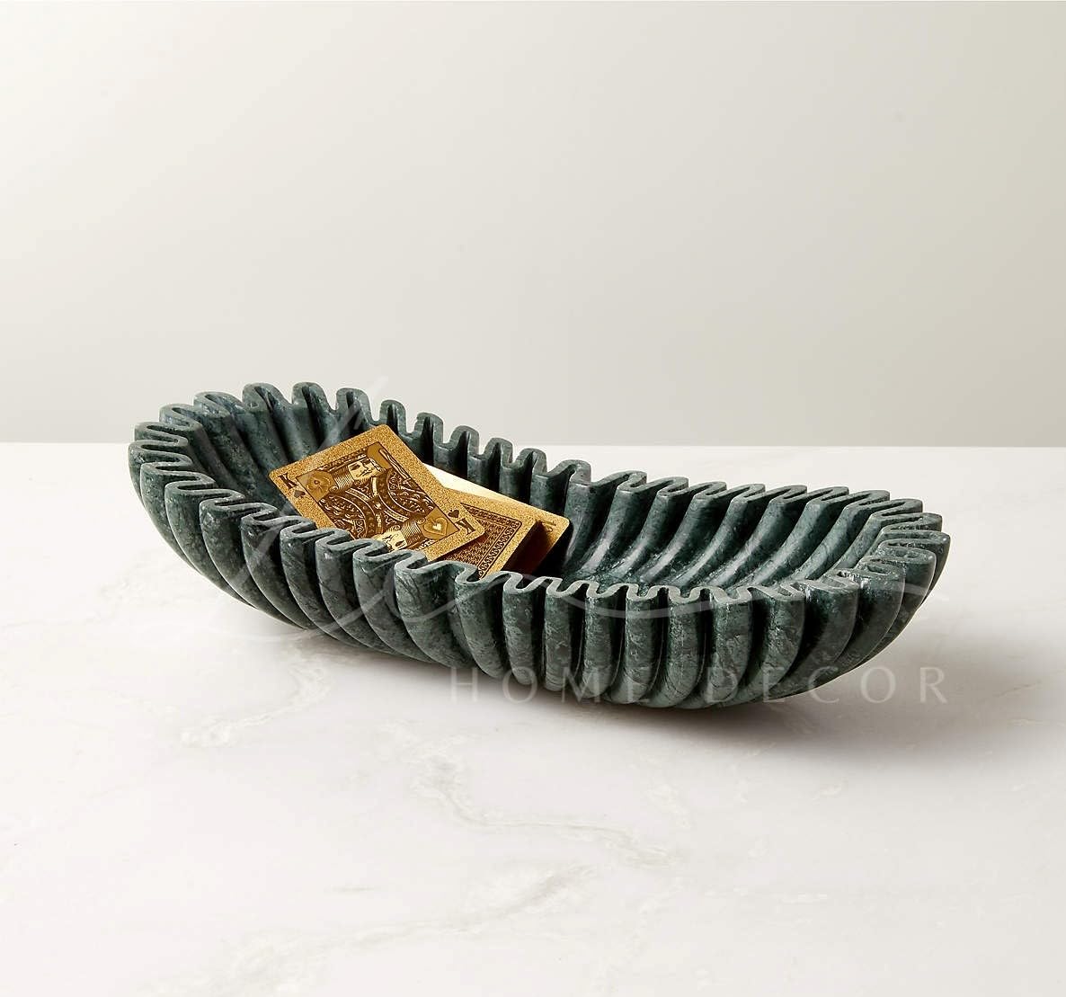 LE HOME DECOR Oval Fluted Green Marble Bowl, Handmade Marble Bowl, Centerpiece Bowl, Home Decor Bowl, Long Marble Fruit Bowl, Scalloped Marble Bowl