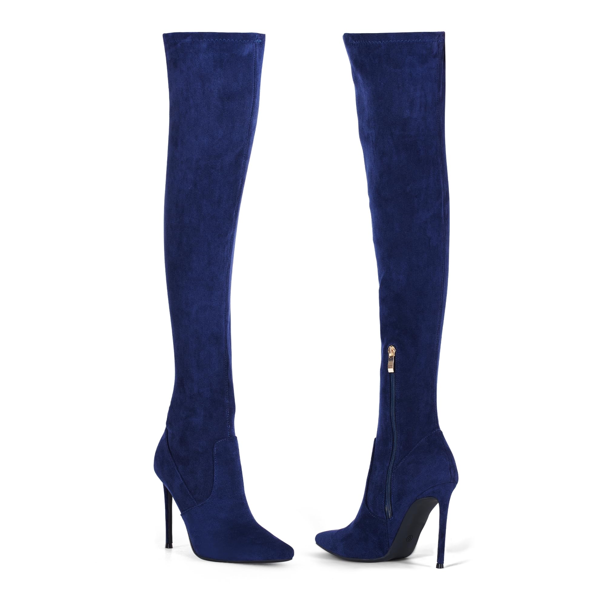 GENSHUO Botas altas hasta el muslo para mujer con tacón de 11 cm de alto, piel de ante sintética, punta sexy, botas largas con tacón de aguja