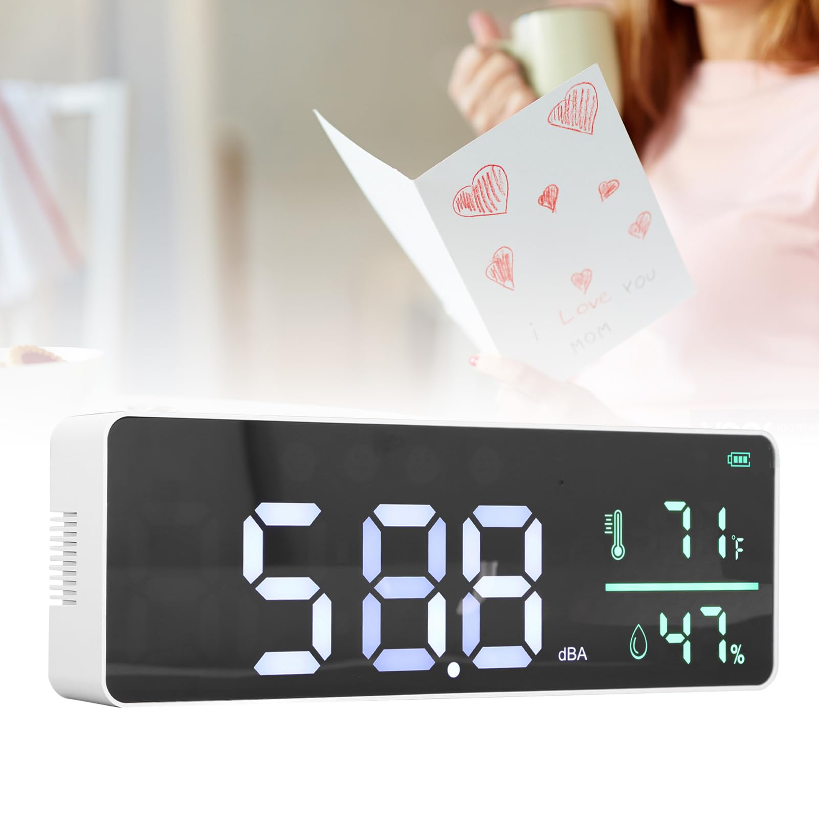 Medidor de decibelios 3 en 1 con pantalla LED grande Rango de medición de 30-130 dB y medidor de humedad y temperatura Lector de nivel de sonido montado en la pared para
