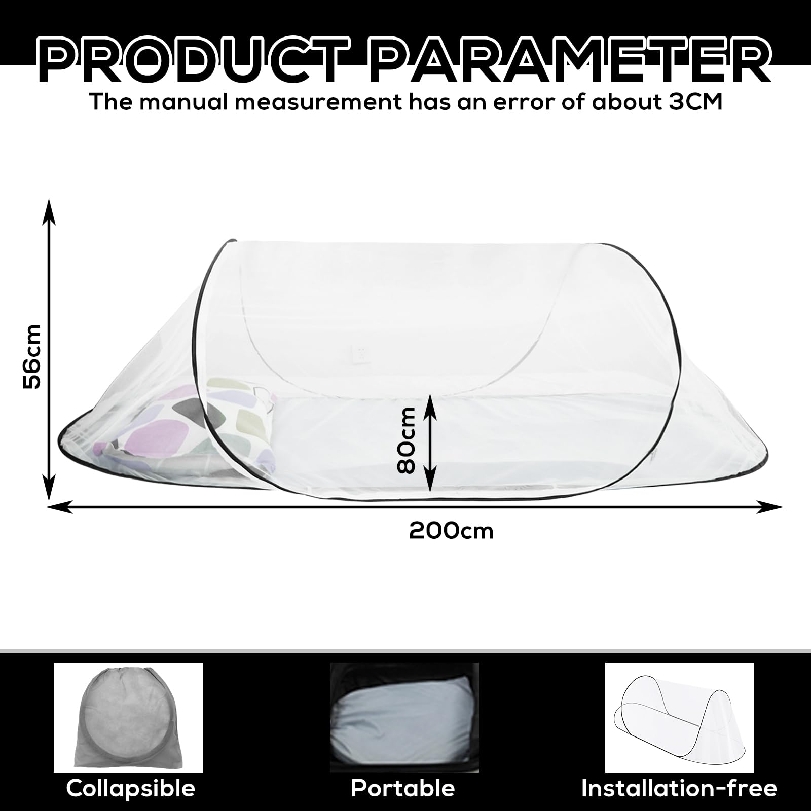 Zanzariera pieghevole, 200 x 80 x 56 cm, zanzariera pop up, ultraleggera, portatile, da campeggio, da viaggio, per la famiglia, per la casa e il campeggio