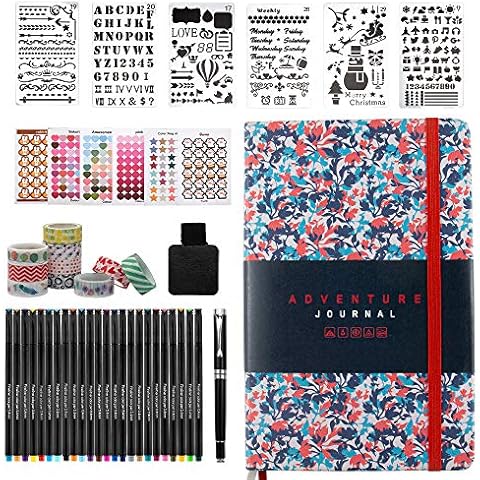 Journal Notebook Set 2022 Daily Plan Mindfulness Journal Accessories with 24 Fineliner Colored Pens 6 Stencils 6 Sticker Sheets 10 Washi Tapes for Study Planner Drawing Weekly Schedule (Colourful) Cover