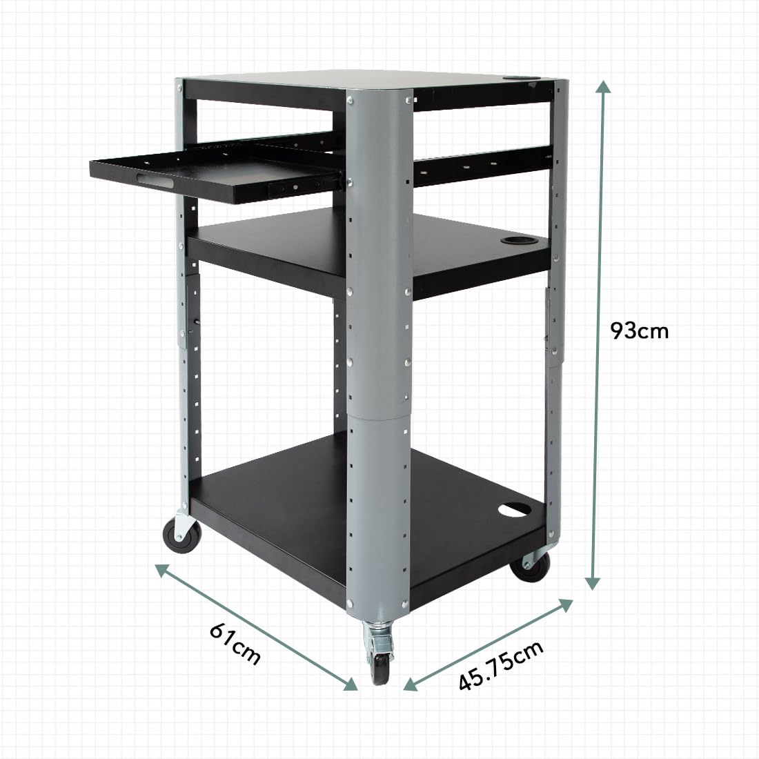 Carrito de 3 niveles con ruedas, estación de trabajo móvil con estantes ajustables en altura y bandeja para teclado extensible, capacidad de carga de hasta 130 kg, diseño desmontable, color