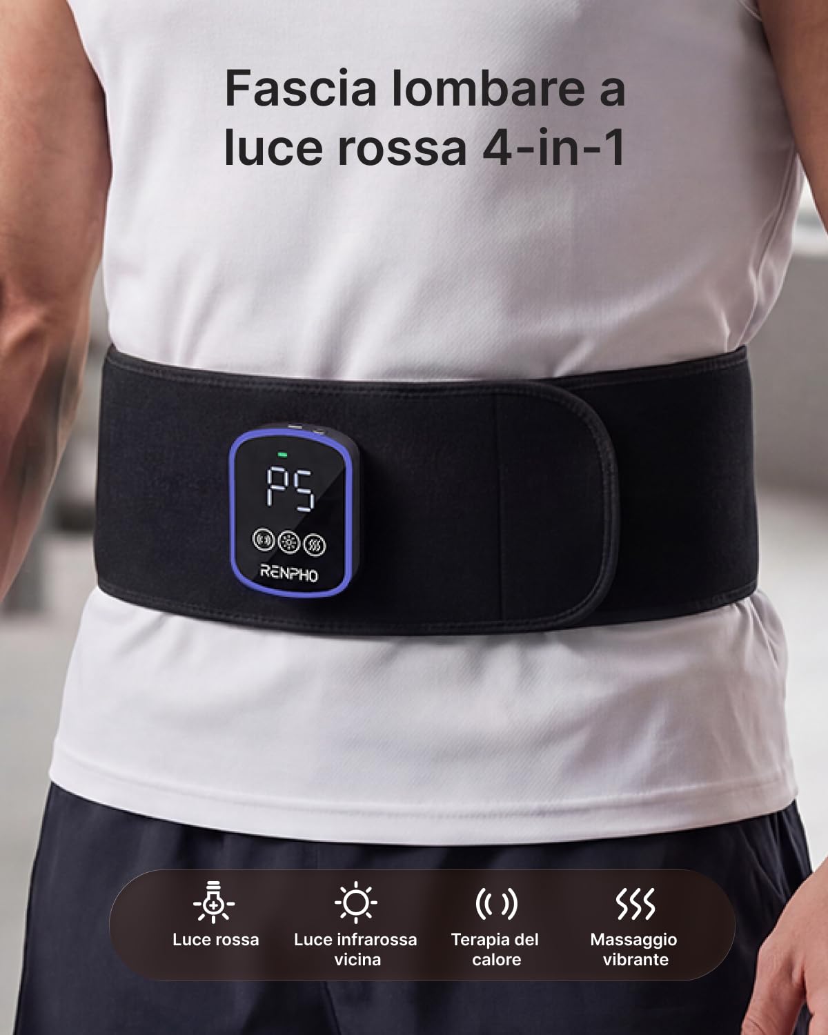 RENPHO cintura a luce rossa, con LED lampada infrarossi 3-in-1 (660nm*2 & 850nm), 5 intensità iuminose e 3 modalità di vibrazione per schiena, vita e gambe, con timer e cinghia di prolungac