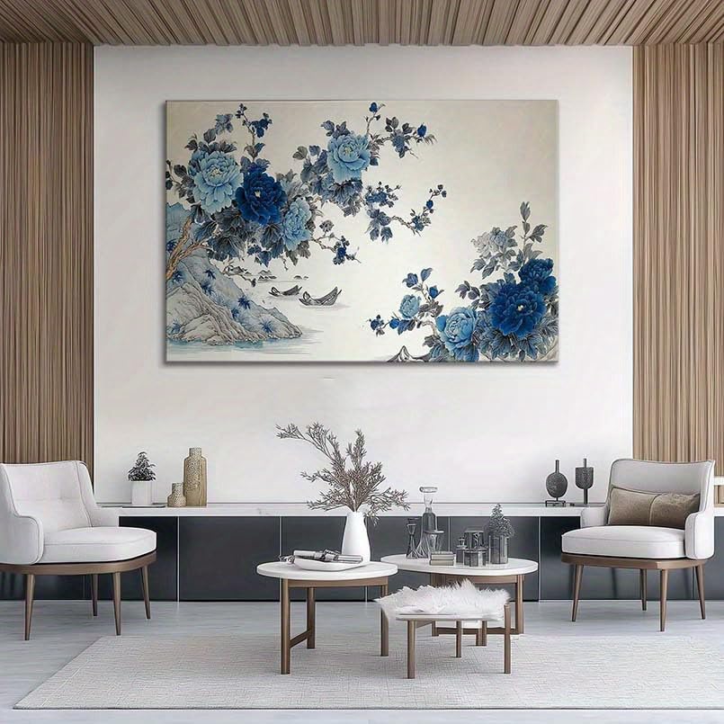 VCBNUGH Decorazione murale con peonia blu, stampa su tela con paesaggio, poster su tela, decorazione per camera da letto/soggiorno (50x70 cm/con cornice)